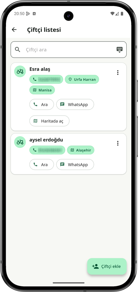 ÇiftçiTakip — Çiftçi listesi