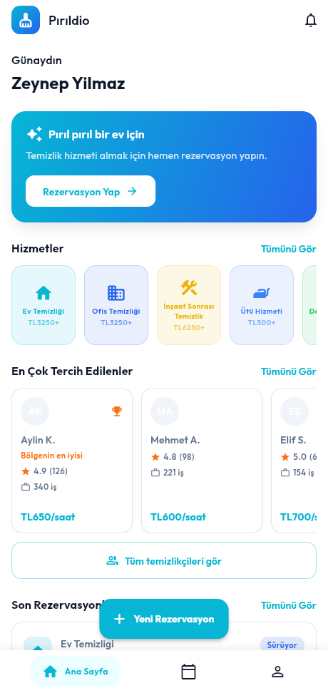 Pırıldio - Ana ekran ve hızlı rezervasyon