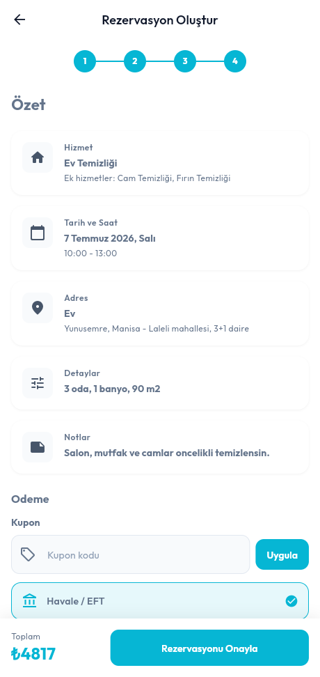 Pırıldio - Rezervasyon özeti ve ödeme