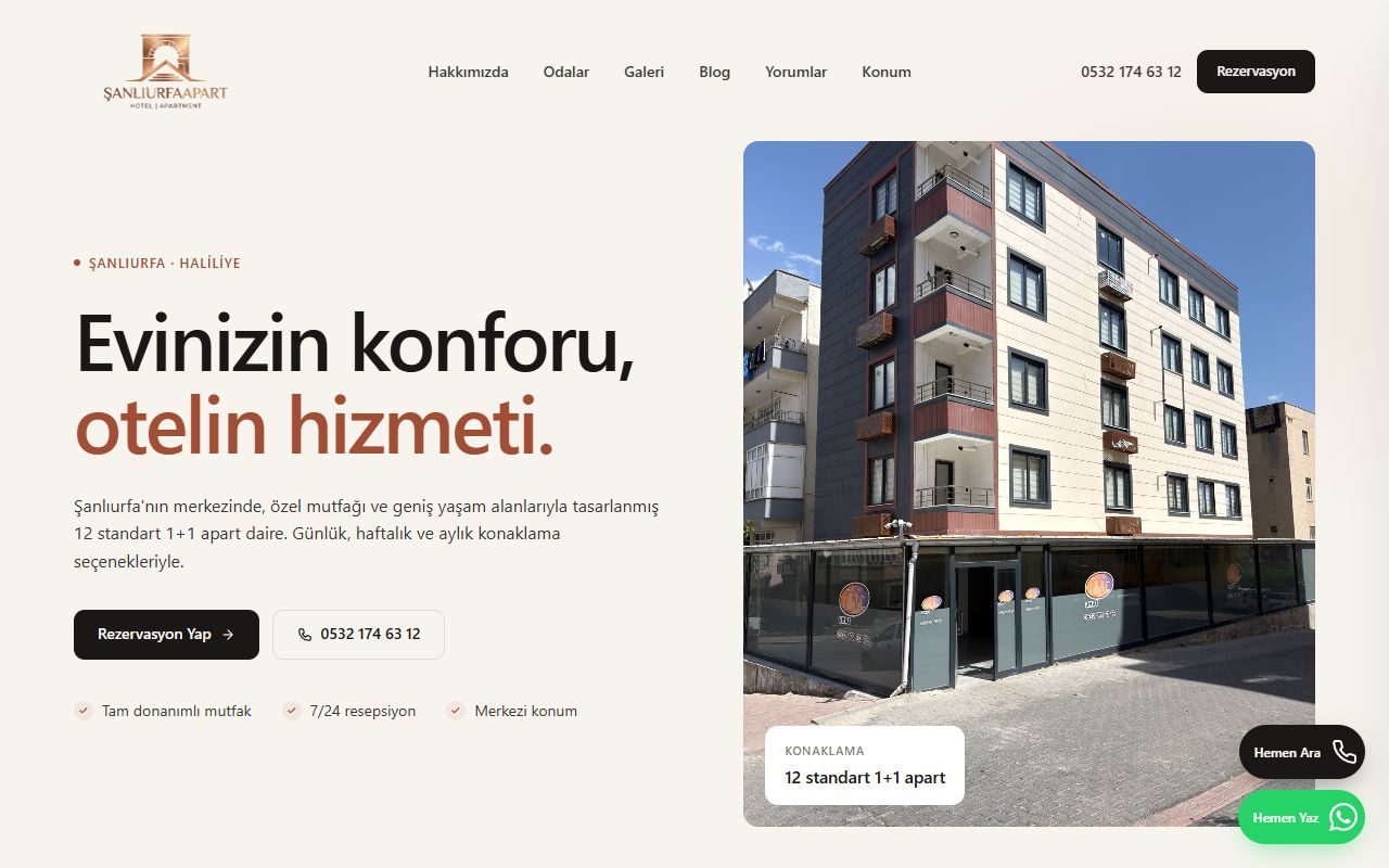 Şanlıurfa Apart Otel web sitesi ekran görüntüsü